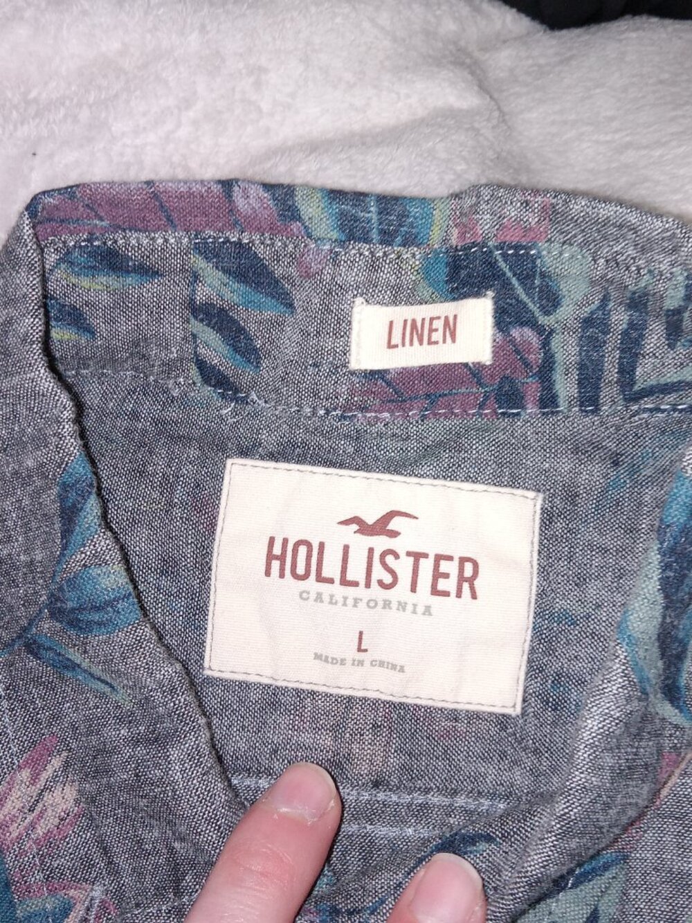 Hollister Linen Camp Shirt Mens L Gray Floral Collar Short Sleeve Preppy Coastal - Picture 11 of 11